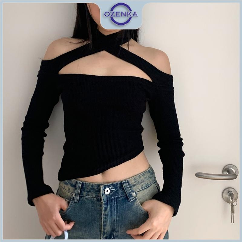 Áo croptop trễ vai tay dài vạt chéo OZENKA , áo crt nữ ôm body gợi cảm sang chảnh không nhăn màu trơn đen trắng Sơ Mi Shirt Cổ Tròn Women