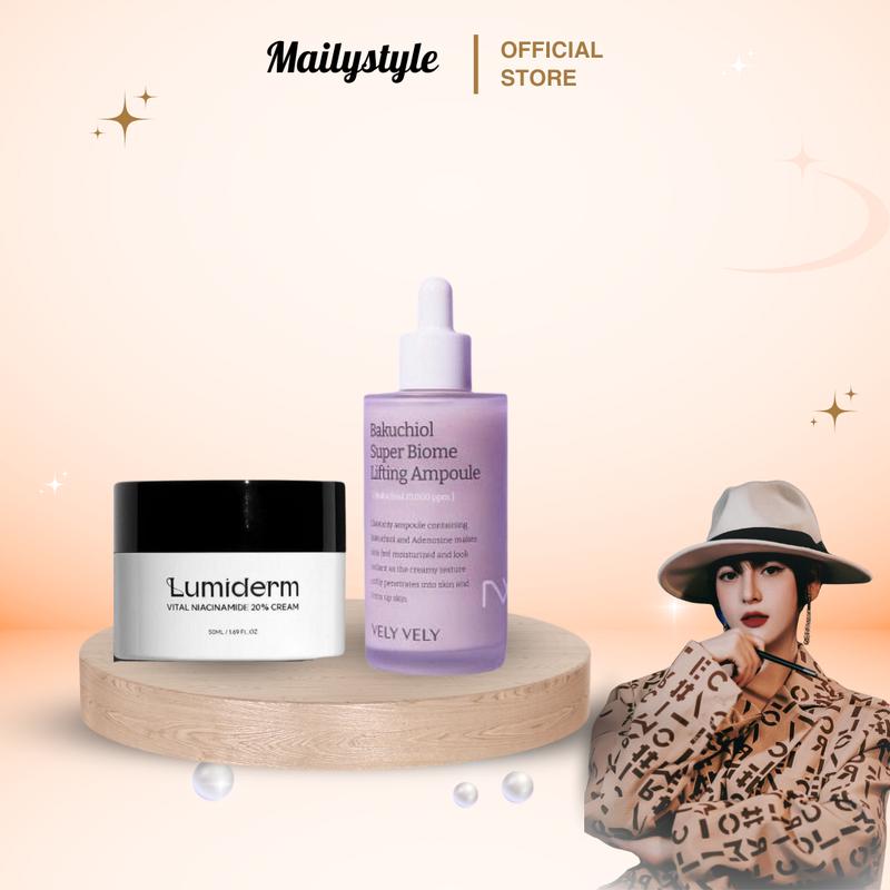 S39_Combo 1 Lọ Tinh Chất Bakuchiol 10,000ppm Super Biome Lifting Ampoule Vely Vely 100ml H111 + 1 Hũ Kem dưỡng Lumiderm vital niacinamide 20% cream hũ 50ml Vỏ trắng Q96