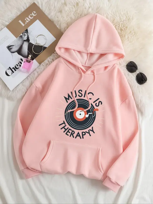 【Plus Size】 Letter Print Drop Shoulder Hoodie, Casual Long Sleeve Drawstring Pocket Hooded Sweatshirt, Women Plus Clothing for Fall & Winter 4