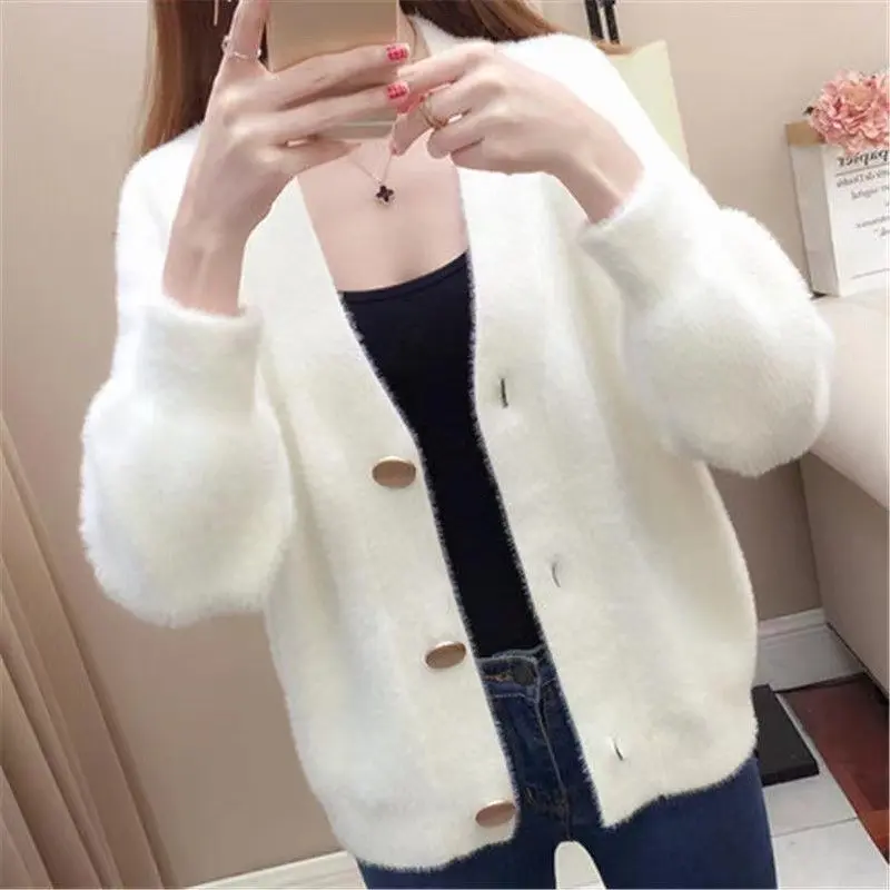 2023 Spring and Autumn New Korean Style Mink-like Wool Knitted Cardigan Coat Sweater Women's Short Loose Outer Tops Women's Knitwear Lingerie