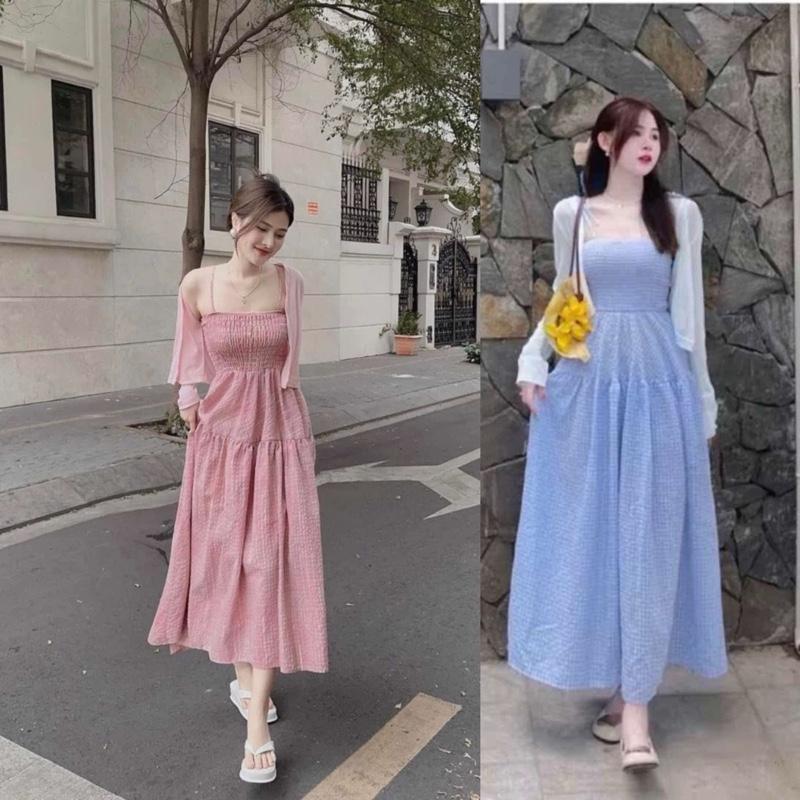  Thời Trang Ducky'S Home Set Đầm 2 Dây Caro Dáng Dài Kèm Áo Khoác Ngoài Chất Liệu Vải Thô Mềm Form Đứng Dáng  Phù Hợp mọi vóc dáng  Dưới 58kg 