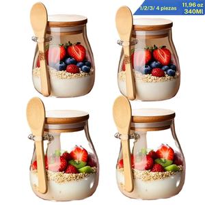 Frasco de Almacenamiento de Vidrio con Tapa y Cuchara, 1/2/3/4 Unidades, Frasco para Avena del Día Siguiente con Etiquetas y Pluma, Contenedor de Almacenamiento de Alimentos para Yogurt, Especias, Ensalada, Cocina