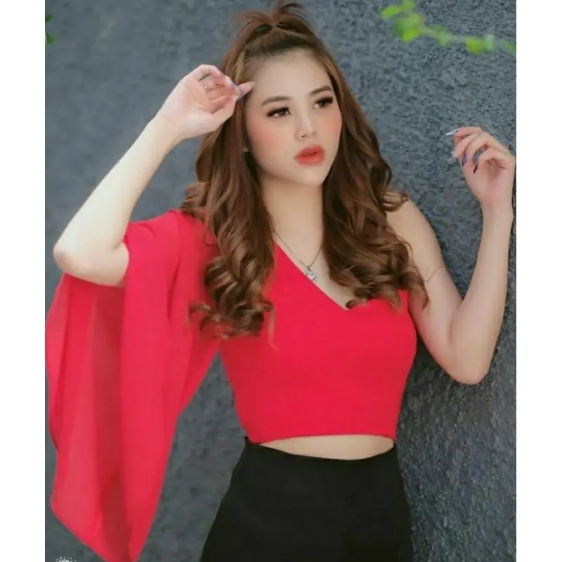 Daisy Atasan One Shoulder Scuba Crop Top One Shoulder Scuba Chiffon Lengan Terompet Baju Wanita 1