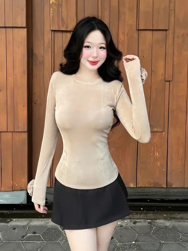 A78- Áo thun tay dài nữ phom ôm cổ tròn tay đính hoa chất thun nhũ nhún kim, áo thun cổ tròn nữ, áo thun ôm tay dài nữ Women 4