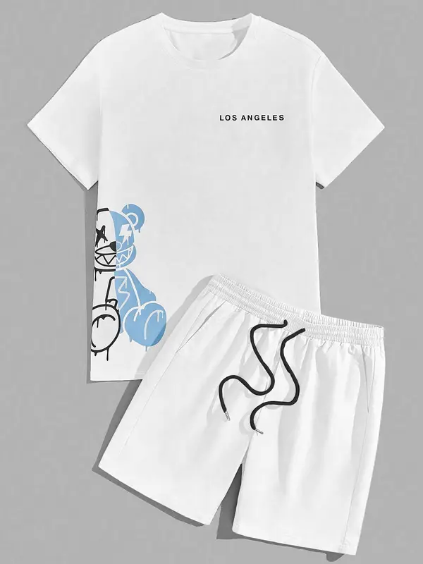 Two-Piece Set Men's Cartoon Bear & Letter Print Short Sleeve Tee & Shorts Set, Regular Fit Casual Round Neck T-shirt & Track Shorts, Summer Clothes Set for Men 5
