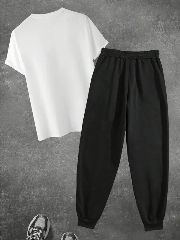 Men's Letter Print Tee & Pants Two-piece Set, Regular Fit Casual Short Sleeve T-shirt & Jogger Pants, Men's Two-piece Outfits for Spring & Fall 4