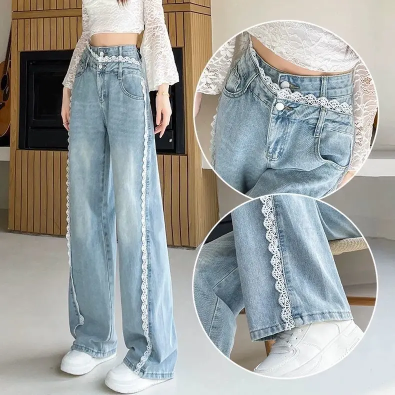 Lace Patchwork Denim Wide-Leg Pants for Women, Slightly Plump, Flattering, Slimming, Spring Design, Stylish, Curvy, Narrow Straight-Leg Pants