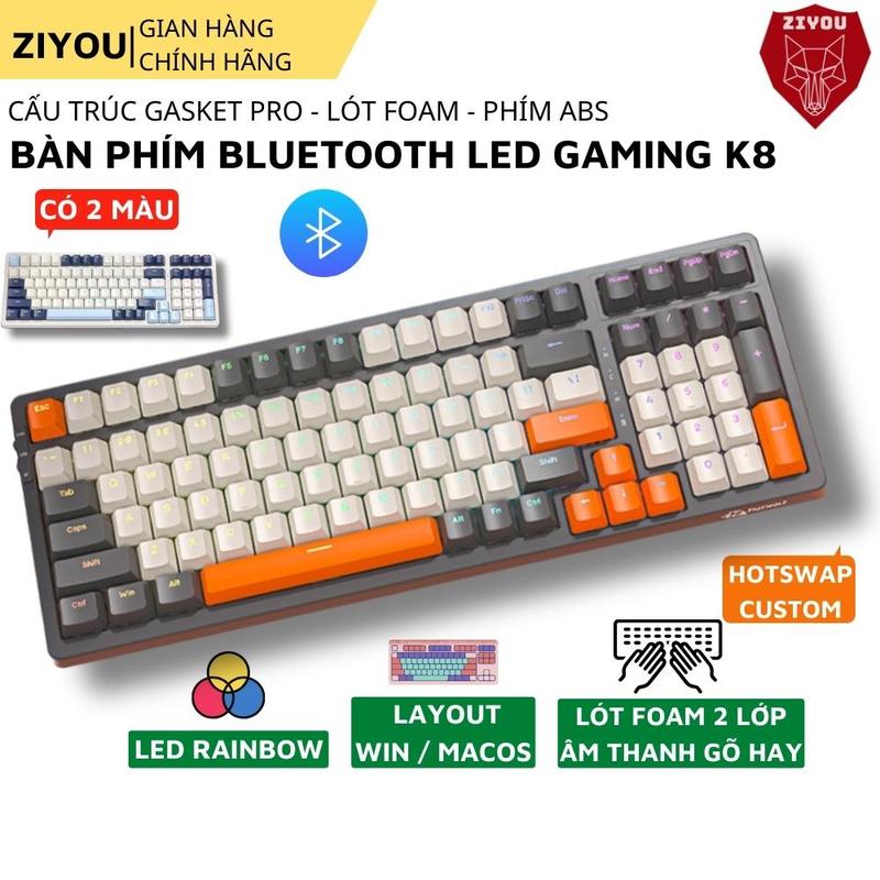 Bàn Phím Cơ Không Dây Hotswap Ziyou K8 Kết Nối Đa Năng 3 Mode Trục Cơ Red Switch Có Lót Foam Cao Cấp