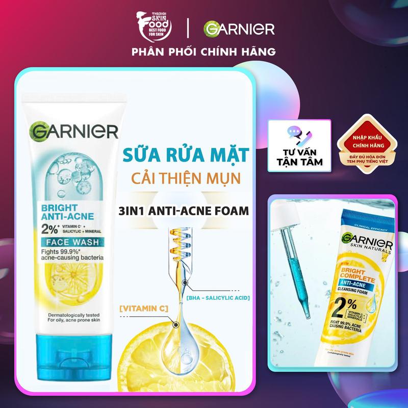 Sữa Rửa Mặt 3 Trong 1 Hỗ Trợ Cải Thiện Mụn Garnier Bright Complete Anti-Acne Cleansing Foam Skincare