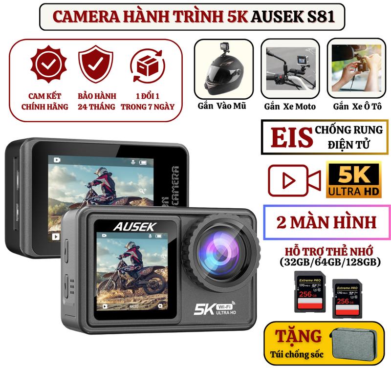 Camera Hành Trình Ô tô Xe Máy AUSEK S81 Máy Quay Phim Mini 5K Hỗ Trợ 2 Màn Hình Cảm Ứng Có Hệ Thống Chống Rung EIS Dung Lượng Pin 1350mAh Hỗ Trợ Khe Cắm Thẻ Nhớ