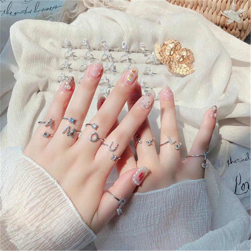 Nhẫn 26 Chữ Cái, Nhẫn Có Thể Điều Chỉnh Nhẫn Mở, Nhẫn Ngón Tay, Đính Đá Women 3