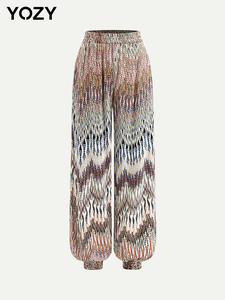 YOZY Women's All Over Print Elastic Waist Pants, Boho Casual Pants for Beach Vacation Holiday, Ladies Summer Clothes