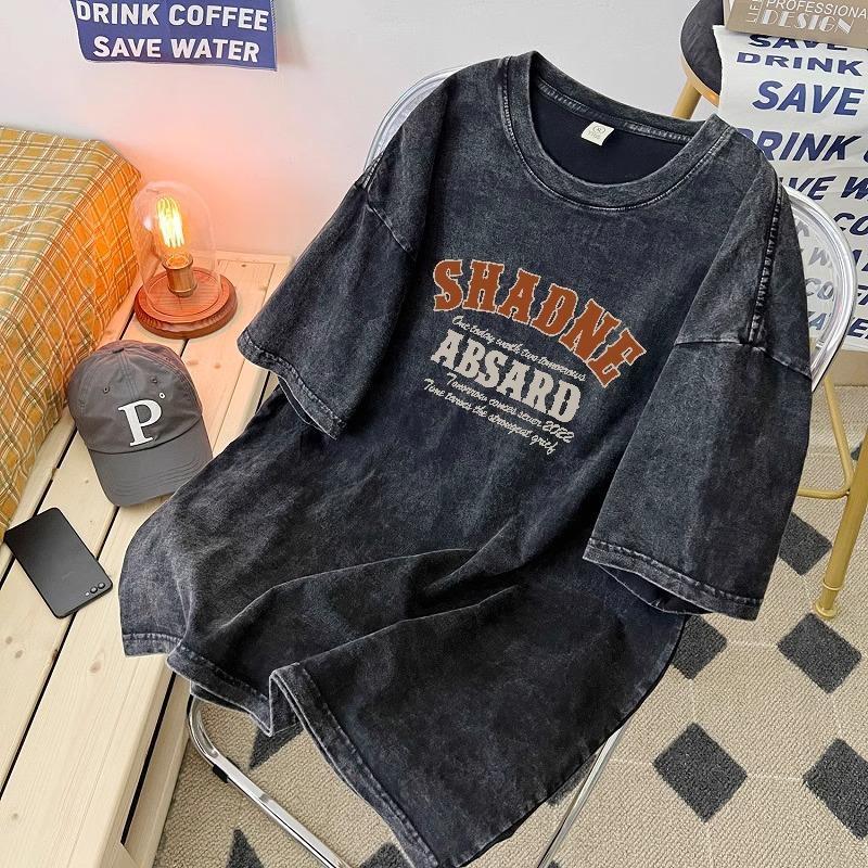 cotton nguyên chất mùa hè 2025 phong cách mới giặt đau khổ đa năng thời trang phong cách Hàn Quốc hợp thời trang rộng rãi cho nam nữ áo thun ngắn tay in hình học sinh cao cấp 8