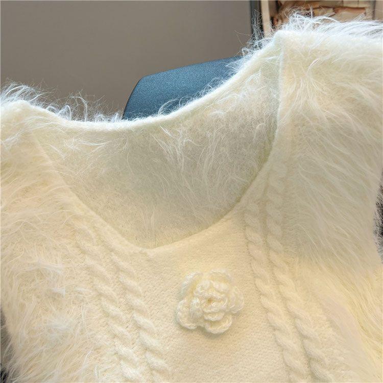 Áo Vest Dệt Kim, Phong Cách Cổ Điển OOTD, Khâu 2024, Dành Cho Nữ, Ngắn, Thích Hợp Cho Mùa Thu Và Mùa Đông, Có Thể Mặc Ngoài Trời, Váy Băng Quấn, Thiết Kế Hoa Ba Chiều Áo Len Dày Women Top 4