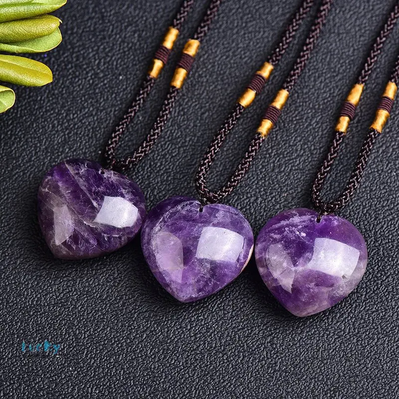 Mặt Dây Chuyền Thạch Anh Tím Tự Nhiên Hình Trái Tim, Đồ Trang Trí, Mặt Dây Chuyền Pha Lê, Trái Tim Đào, Đồ Thủ Công, Vòng Cổ Thạch Anh Tím 2