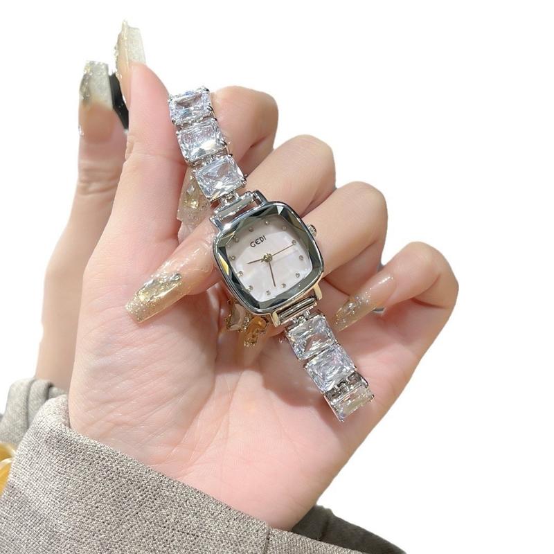 Đồng Hồ Nữ Gedi Mặt Vuông Dây Kim Loại Gắn Đá Zicon Chống Nước - Watch, Đeo Tay, Women Voi Ví