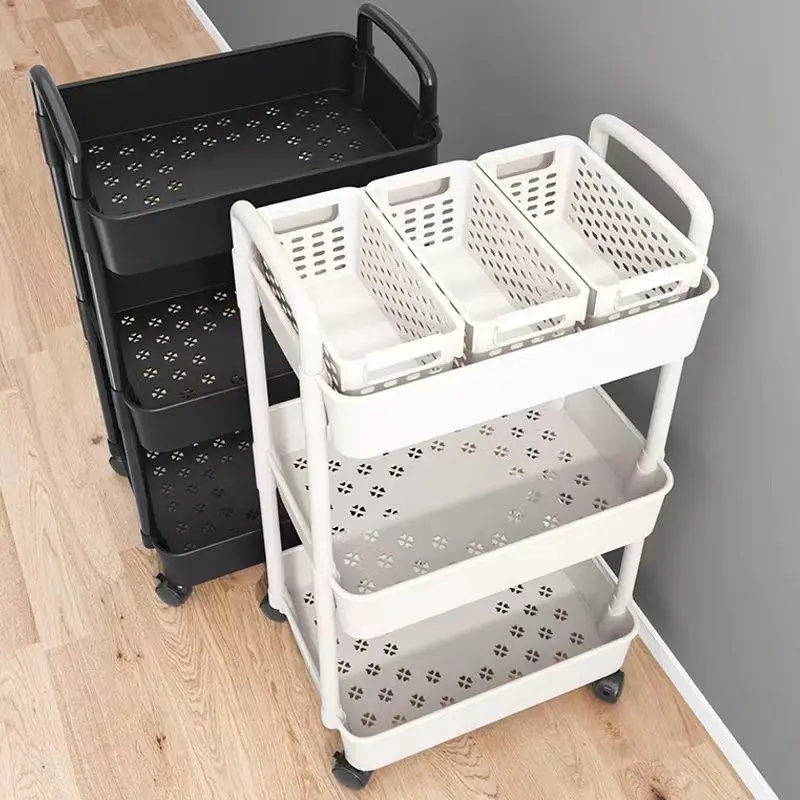 Floor Standing Movable Kitchen Fruit and Vegetable Storage Rack Baby Product Trolley Household Bedroom Bathroom Multi-layer Snack Rack