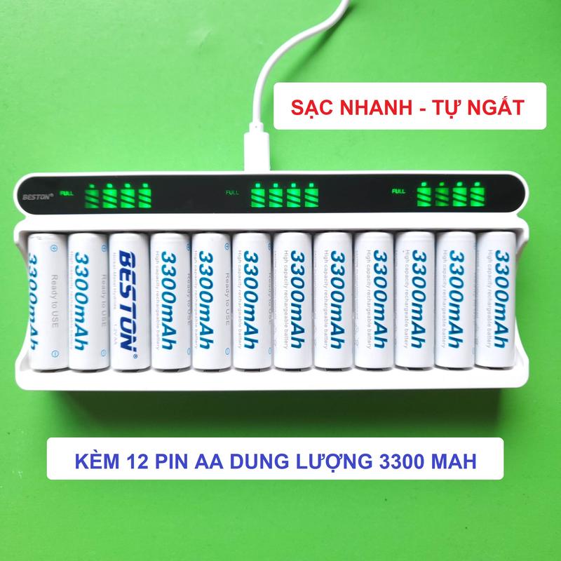 Bộ sạc BESTON C9025L kèm 12 pin AA 3300 mAh chuyên dùng cho micro không dây, đồng hồ treo tường, máy ảnh, đồ chơi trẻ em Pin Dự Phòng