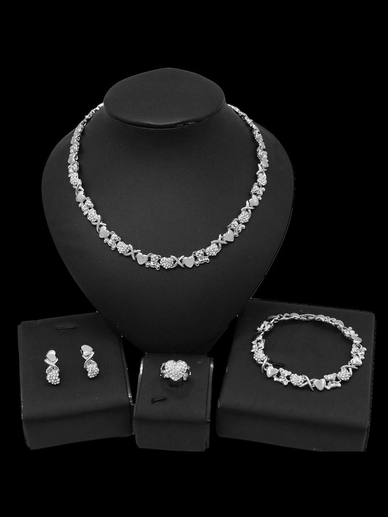 Product Introduction of Women's Elegant Heart Design Jewelry Set, Fashion Rhinestone Decor Necklace & Earrings & Ring & Bracelet, Trendy All-match & Exquisite Jewelry Set for Birthday Gift 7