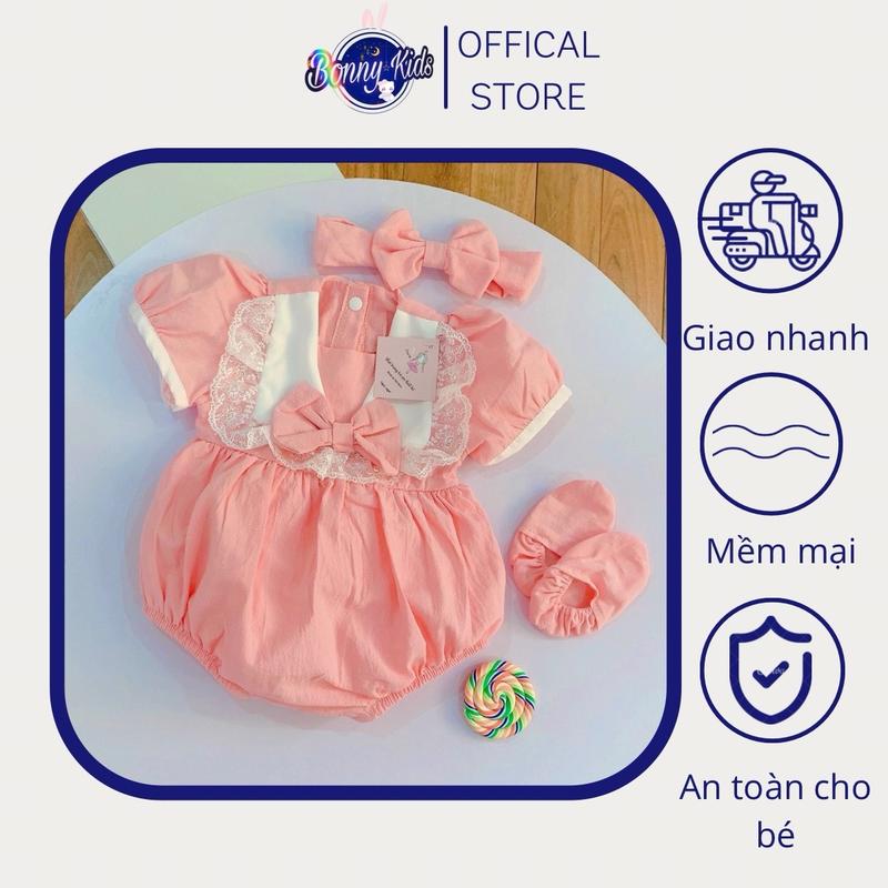 Body Chip Hồng Cổ Thuyền Cộc Tay Cho Bé Gái 0-12 Tháng Kèm Băng Đô Và Tất Chân, Váy Đầy Tháng, Bodysuit Sơ Sinh