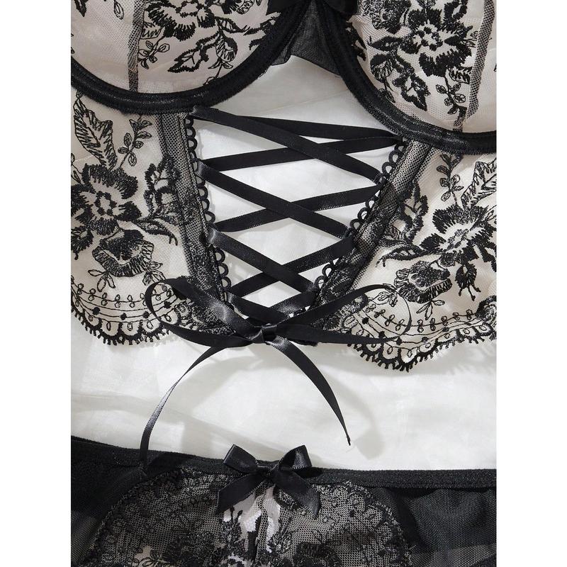 2pcs/Set Women Mesh Contrast Minimalist Sexy See-Through Embroidery Outfit 3