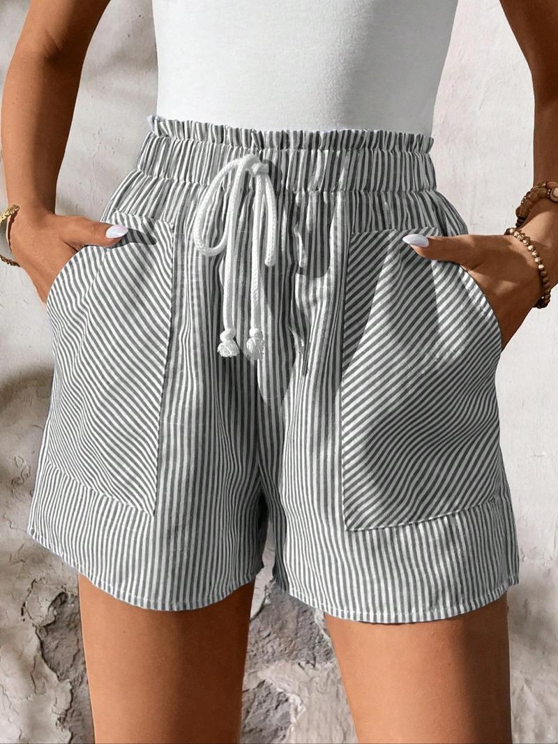 Product Introduction of Women's Striped Pattern Drawstring Waist Shorts, Casual Comfy Pocket Shorts for Summer, Fashion Women's Bottoms for Daily Wear 1