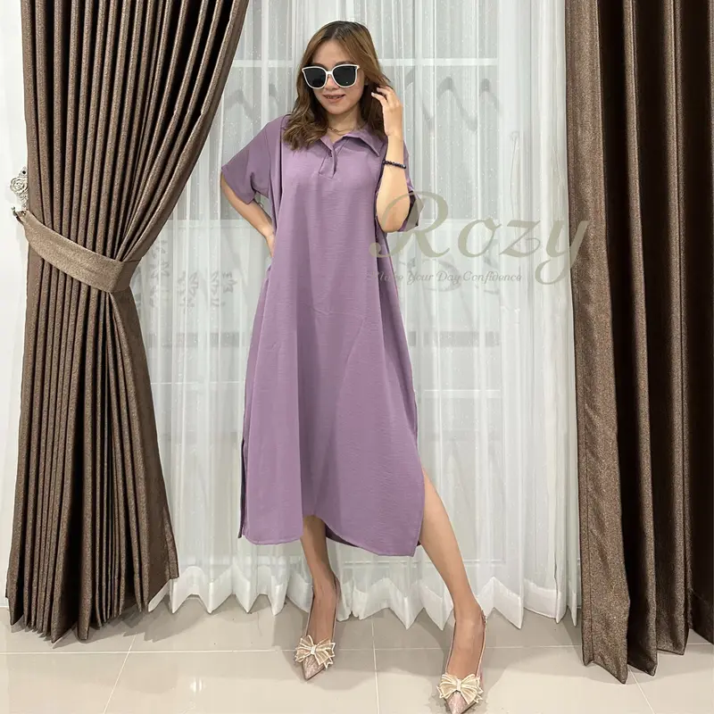 Rozy - Long Dress Button Cringkel Baju Midi Casual Panjang Wanita Gaun Hitam Simple Baju Pesta Pendek 0
