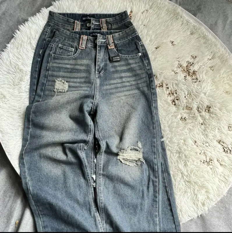 (S-2XL) Quần Jean Suông Phối Đai Eo Dài 103cm và 95cm J143 Khuy Women Pants 5