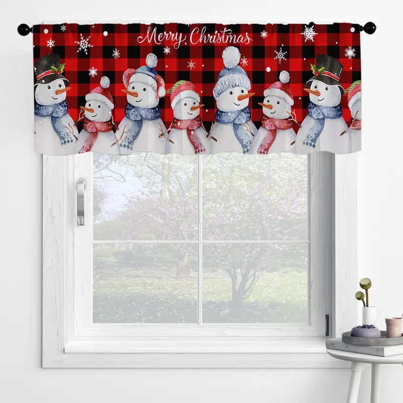 Snowman Pattern Christmas Themed Curtain, 1 Count Plaid Pattern Pocket Window Curtain, Window Drapes for Home Living Room Bedroom Decor 3
