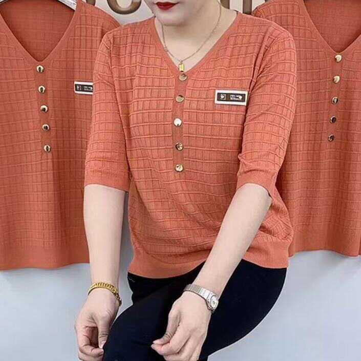 áo len rộng cho nữ Áo Tay Lỡ Ba Phần Tư, Phong Cách Phương Tây, Hàng Mới Về Mùa Hè, Đồ Len Mỏng, Áo Sơ Mi Lớp Cơ Sở, Cổ Chữ V, Thanh Lịch, Thích Hợp Cho Quần Áo Mẹ, Y2K, 2025 sweater màu hồng