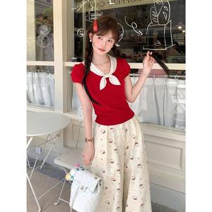 เพิ่มความกระจ่างใสสุดๆ เสื้อยืด ลายจุด โบว์ แขนสั้น สำหรับผู้หญิง ใส่หน้าร้อน เสื้อแขนสั้นพัฟ อินเทรนด์