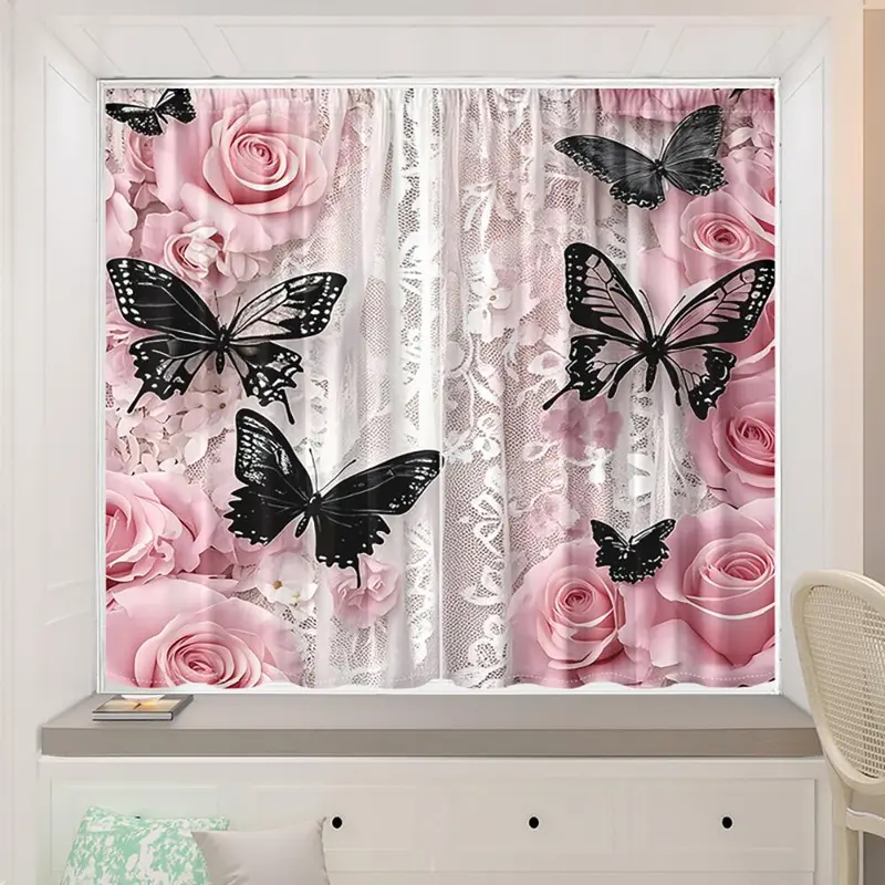 Butterfly & Rose Pattern Door Curtain, 2 Counts/set Lace Design Door Curtain, Window Curtain for Home Living Room Bedroom Decor 3