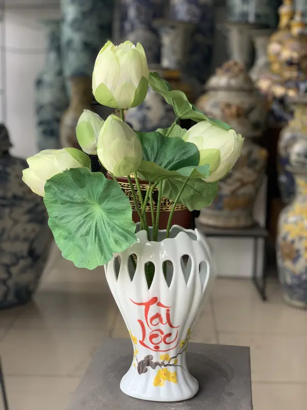 Lọ hoa bàn tay phật sứ trắng gốm Bát Tràng vẽ tài lộc trang trí decor 2