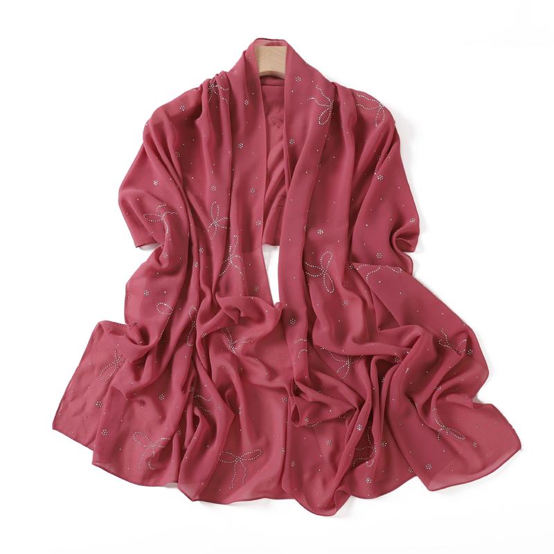 Product Introduction of High-End Heavy Craft Bowknot Rhinestone Solid Color Chiffon Long Scarf Full Rhinestone Shawl Headscarf Cape Scarf Silk Scarf for Women 10