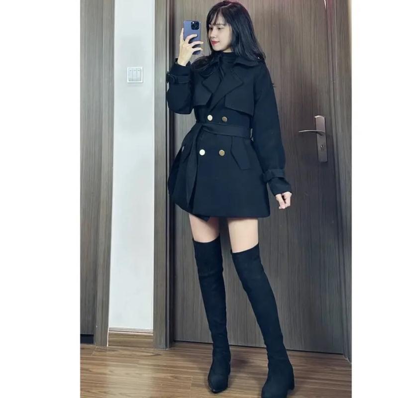 Áo măng tô kaki HINSTORE áo trenchcoat nữ dáng lửng chất dầy dặn thắt đai tay 172 Jacket Top 1