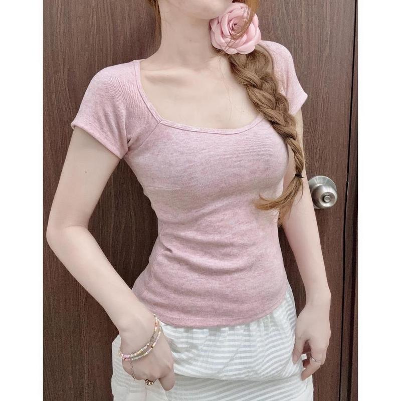 🌸elephant🌸Áo Croptop Tay Ngắn Dáng Cúp Ngực Cổ Thuyền Ôm Body Nữ 2