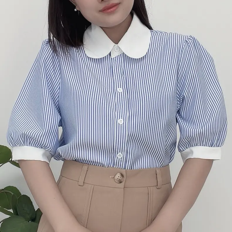 Áo Sơ Mi Nữ MAYYA Kẻ Sọc Cổ Sen Phối Viền Trắng Kiểu Trẻ Trung Đủ Size A55 Women Top  Shirt Voi