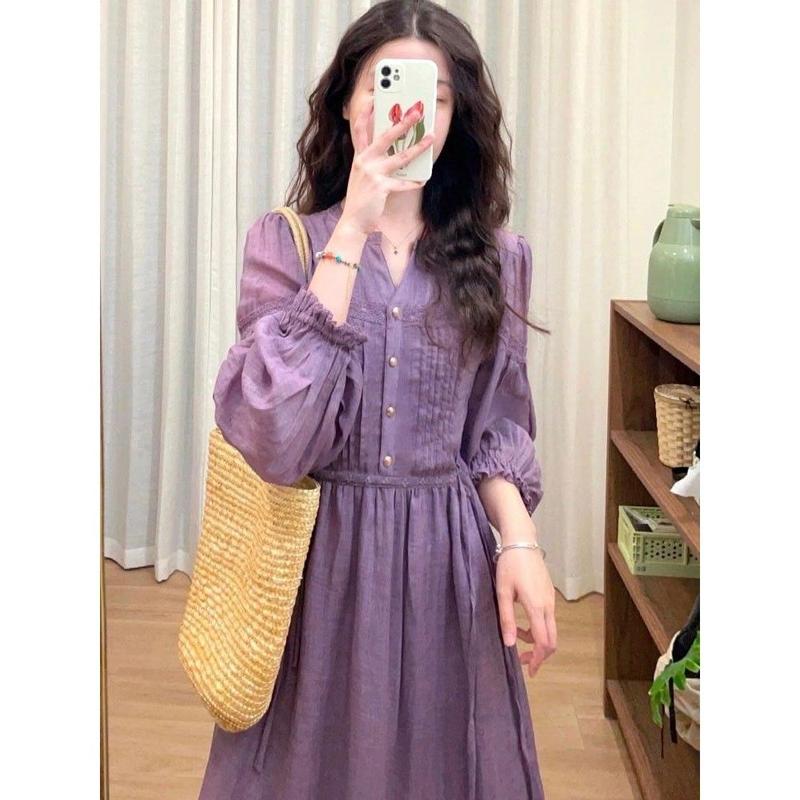 Đầm Dài Tay, Màu Tím, Cổ Áo Hở Nửa, Xếp Ly, Màu Trơn Thiết Kế Cổ Điển Kiểu Pháp, Eo Bó Sát, Thanh Lịch, Thích Hợp Cho Mùa Thu Nữ Women 4