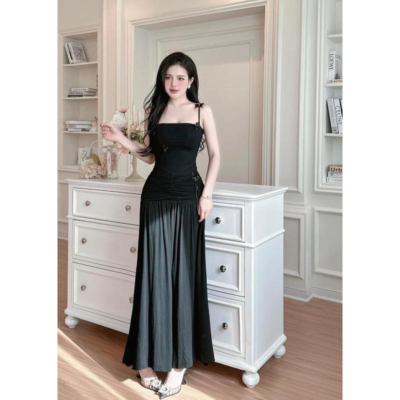 Có BigSize Đầm Váy Maxi Thun Đen Kết Nơ Bướmm 2 Dây Nhún Eo Xoắn Lưng UnihomeClothing CT161