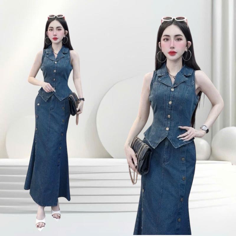 Set áo váy jeans thiết kế CZT S5802 dành cho nữ gồm áo cổ vest gile và chân váy đuôi cá đính nút tạo kiểu để đi chơi ( Áo kiểu gile/ Chân váy )