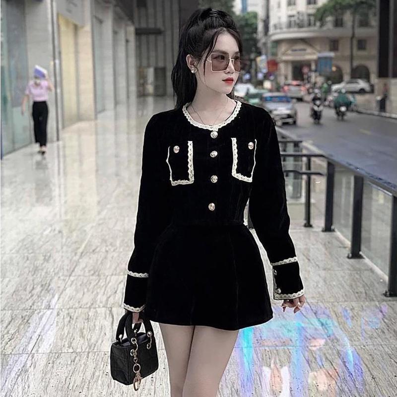 Set nhung viền ren phối túi mix chân váy dễ thương Set đồ nữ đẹp áo dài tay chân váy ngắn TTN419 Women Kem