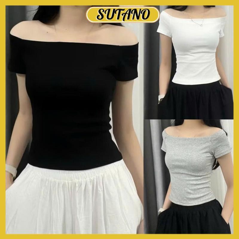  Áo thun nữ trễ vai dáng ngắn cộc tay chất thun zip co giãn ôm body A310 SUTANO 
