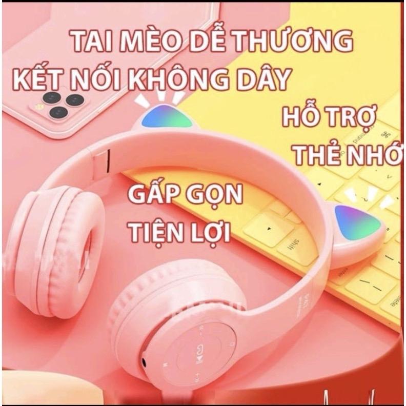  Tai nghe mèo không dây p47m kết nối bluetooth hoặc kết nối có dây kèm mic hỗ trợ khe cắm thẻ nhớ âm bass cực căng 