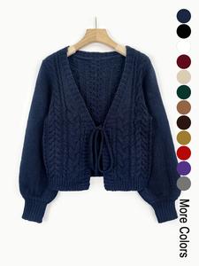 Women's Solid Drop Shoulder Tie Front Blue Cardigan, Comfort Basic Minimalist Fashion Casual Long Sleeve V Neck Knitwear for Fall & Winter, Lady Knitting Tops, Women Clothing for Daily Outdoor Wear, Womenswear