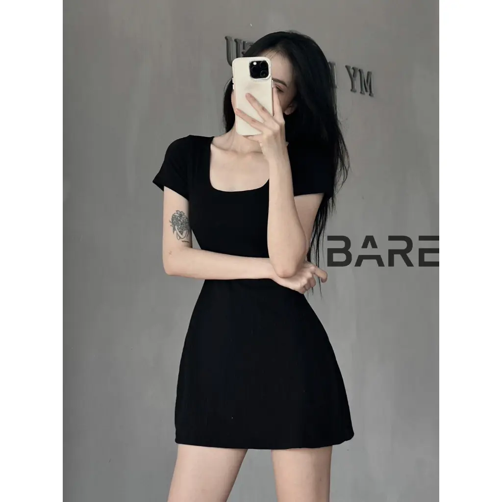 BARE _(Có size/ Có hỏa tốc ) Đầm nữ tay ngắn cổ vuông dáng xòe nhẹ chất thun gân trung- D015 Women Dress