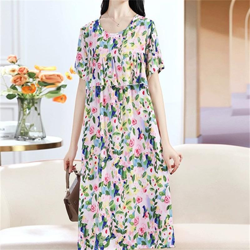 Product Introduction of Strictly Selected Printed Artificial Cotton Nightdress Women's Summer High-Grade Ice Silk Skirt Thin Short Sleeve Pajamas plus Size A- line Dress 9