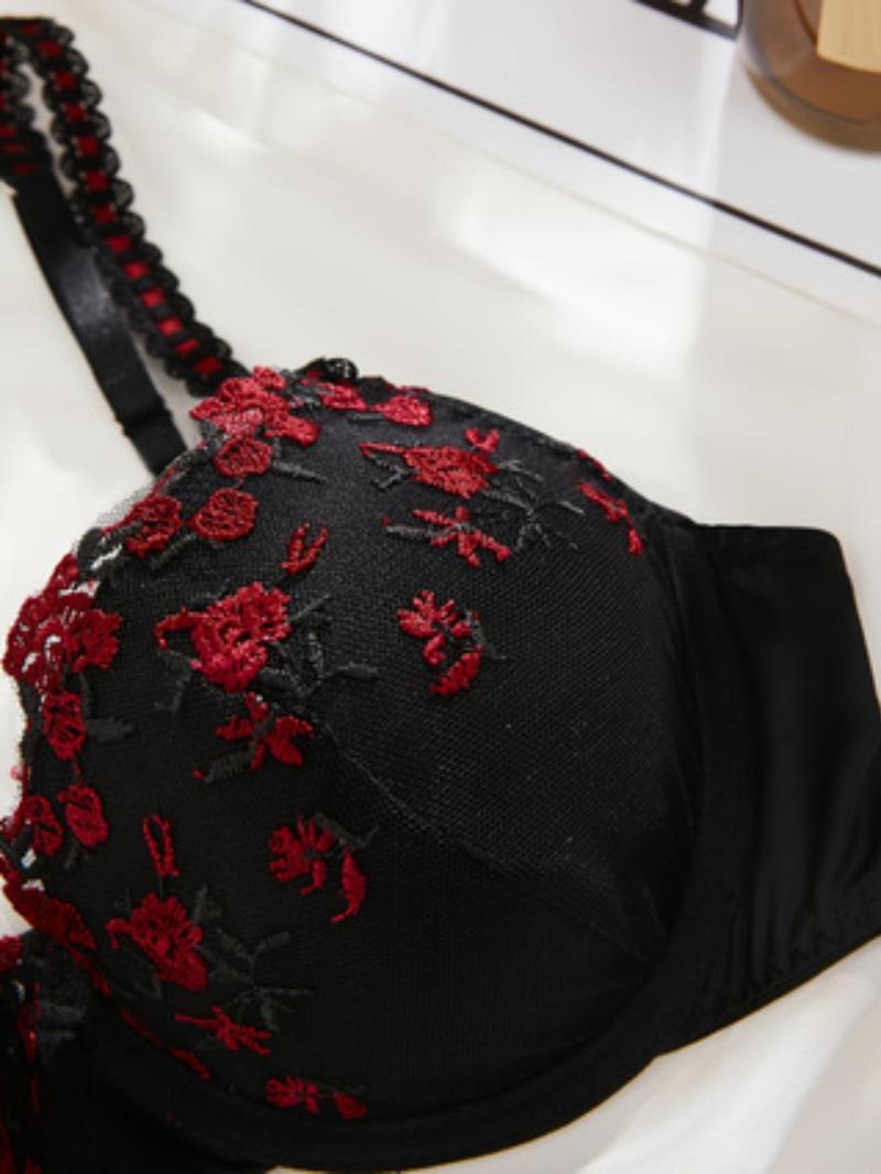 Product Introduction of Women's Floral Embroidery Contrast Mesh Underwear Set, Adjustable Strap Push Up Bra & Thong Set, Romantic Lingerie Set for Women 8