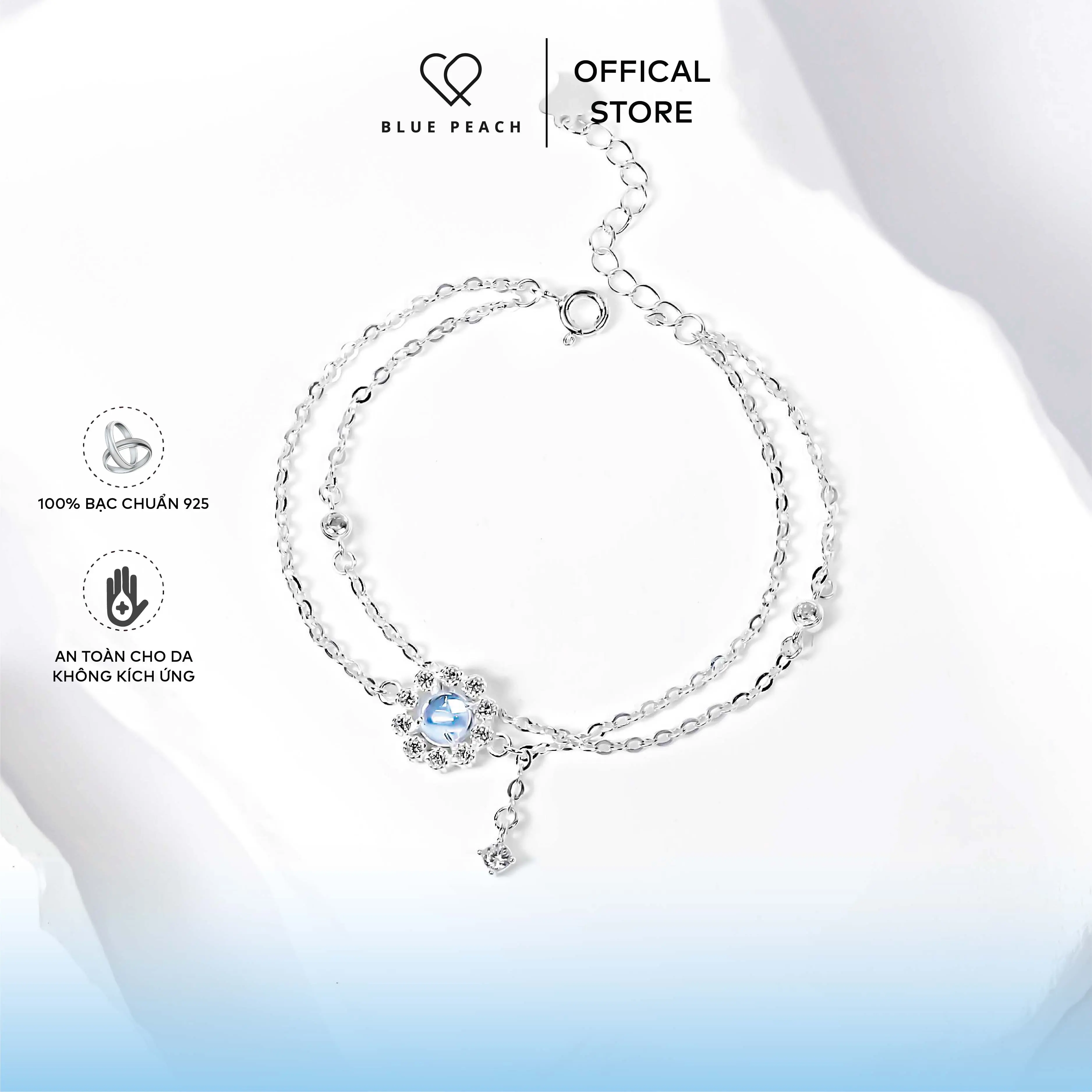 Lắc Tay Bạc Blue Peach LT Hoa Tim Đá V2 - Moonstone 2 Dây LT730