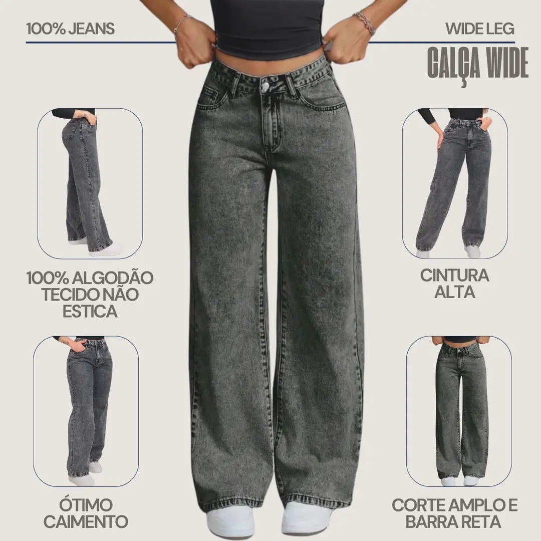 Kit 3 Calça Jeans Wide Leg Pantalona Cintura Alta Jeans