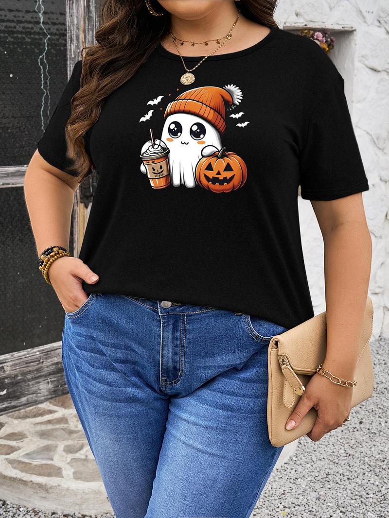 Product Introduction of 【Plus Size】 Cartoon Ghost & Pumpkin Print Round Neck Tee, Fashion Casual Crew Neck Short Sleeve T-shirt for Daily Holiday Vacation Outdoor Wear, Women Plus Clothing for Summer 1